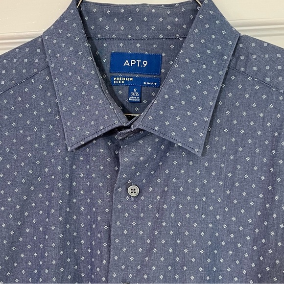 Apt 9 Blue Long Sleeve Shirt Slim Fit Diamond Pattern Stretch Fabric 17 34/35 - Picture 2 of 10